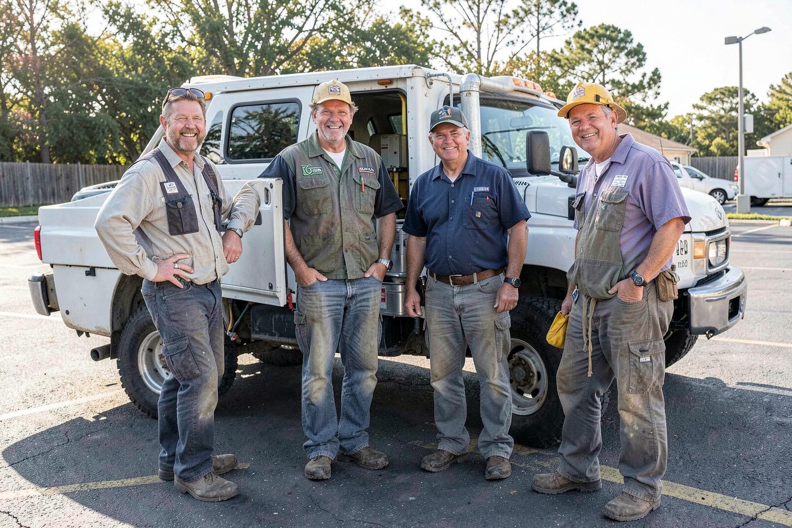 Four service technicians standing together beside their work truck on a morning job