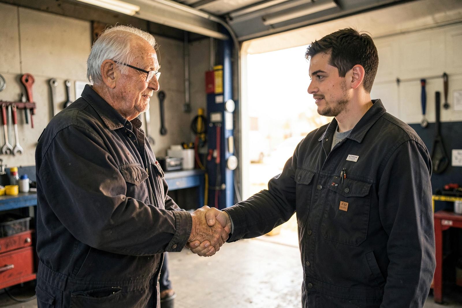 Retiring shop owner shaking hands with the next owner inside a garage service bay