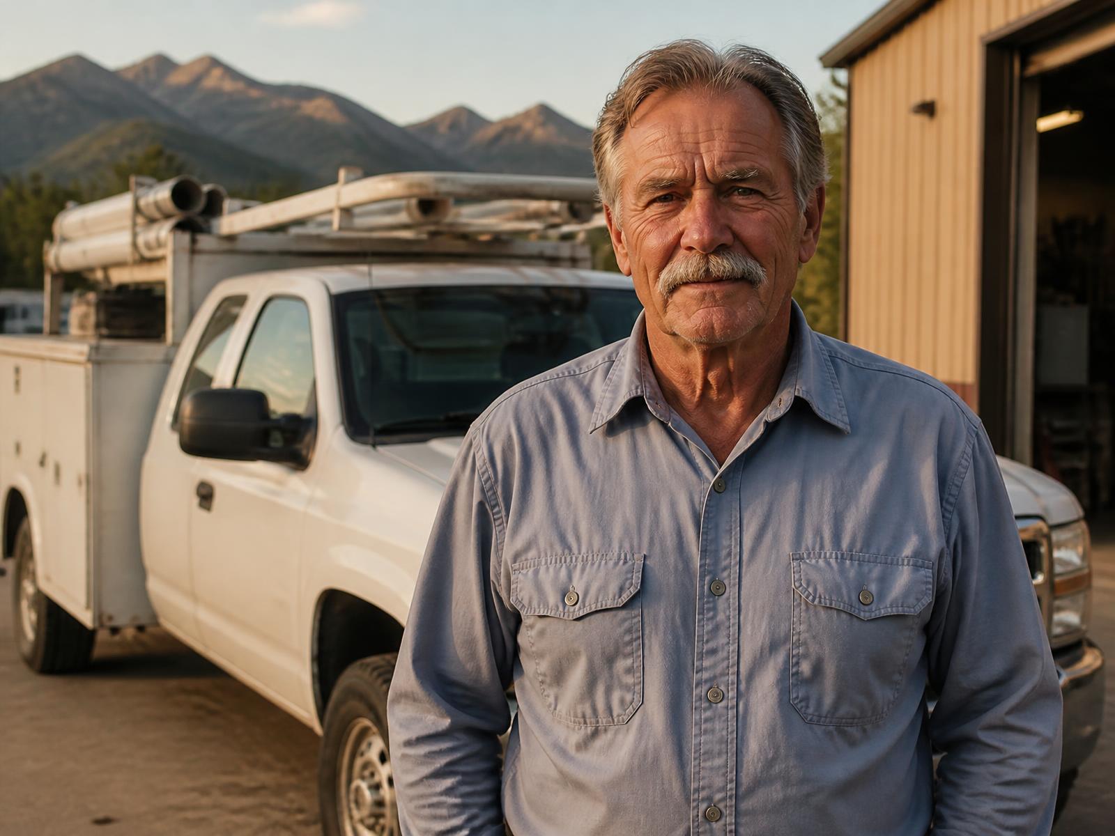 Retiring HVAC and plumbing company owner standing beside his work truck in Colorado Springs