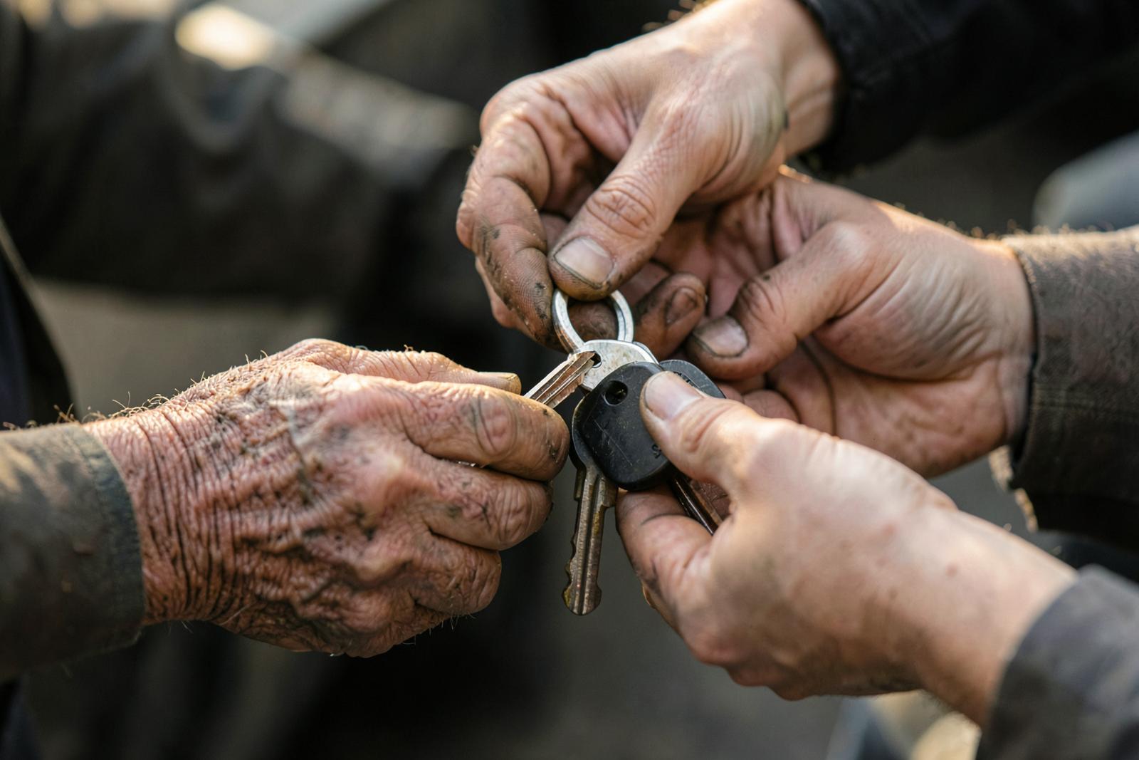 Work-worn hands of a retiring owner passing the work truck keys to the next owner