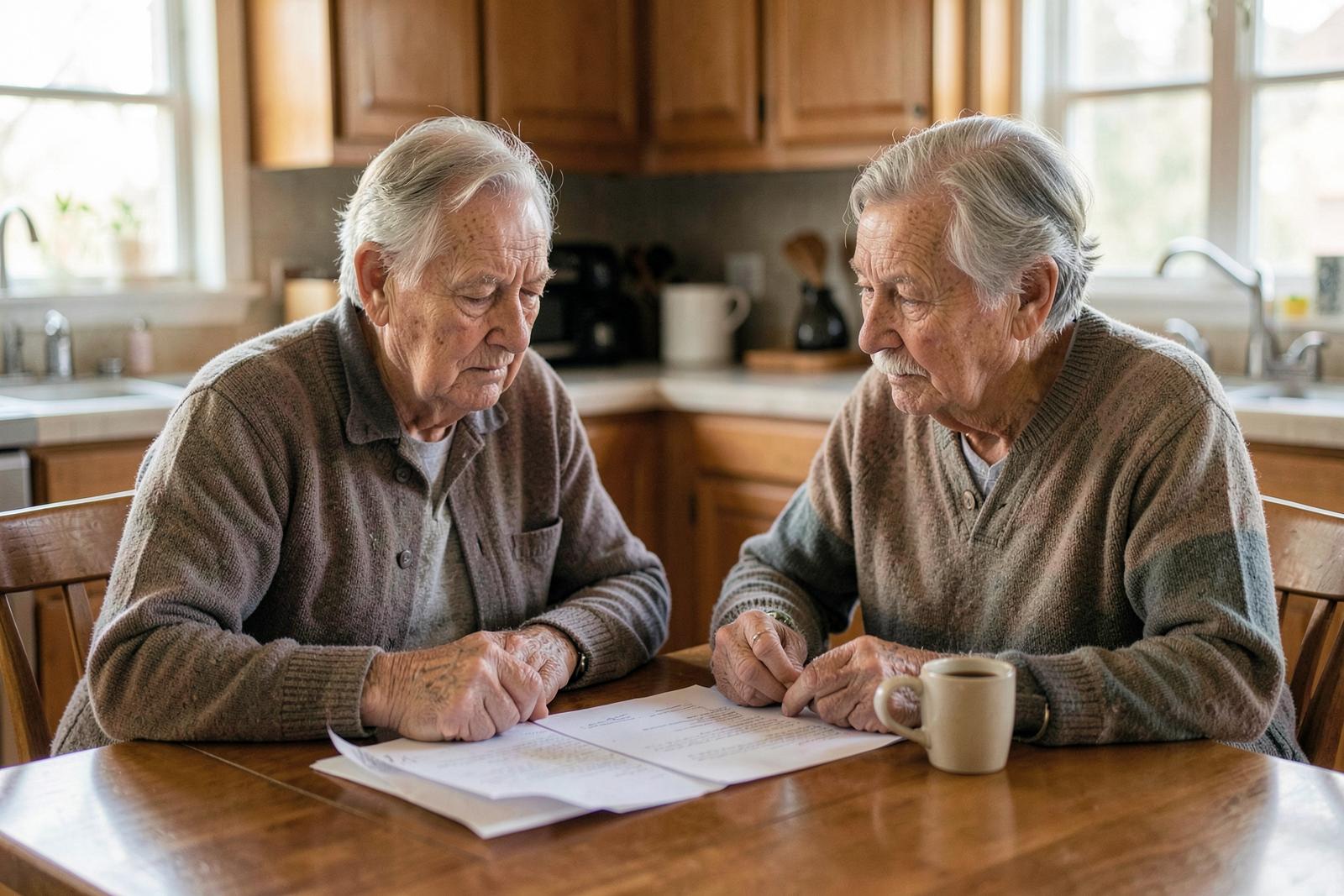 Retired couple sitting at their kitchen table reviewing retirement paperwork together