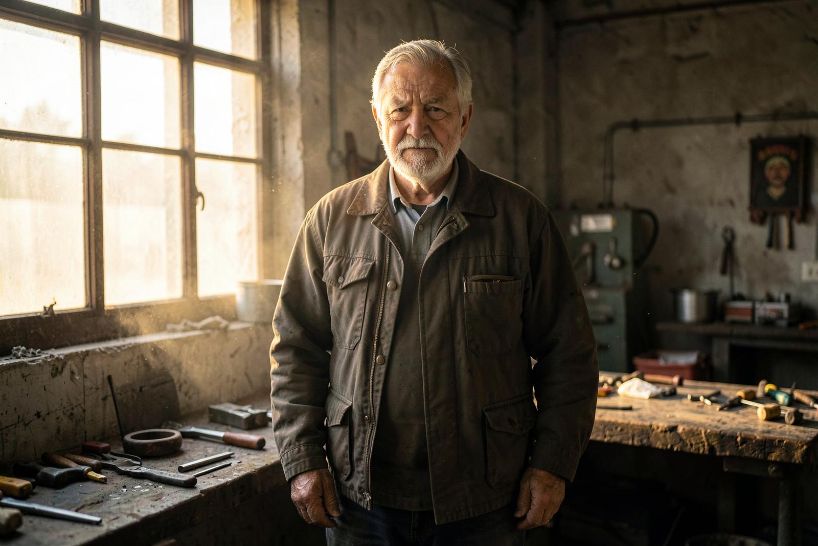 Gray-haired trade business owner standing in his shop at first light